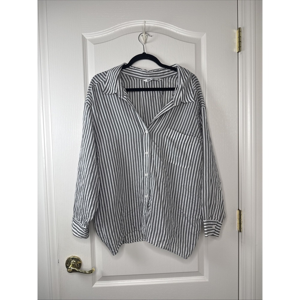 Zara Womens Gray White Striped Button Up Shirt S Oversized Cotton Long Sleeve